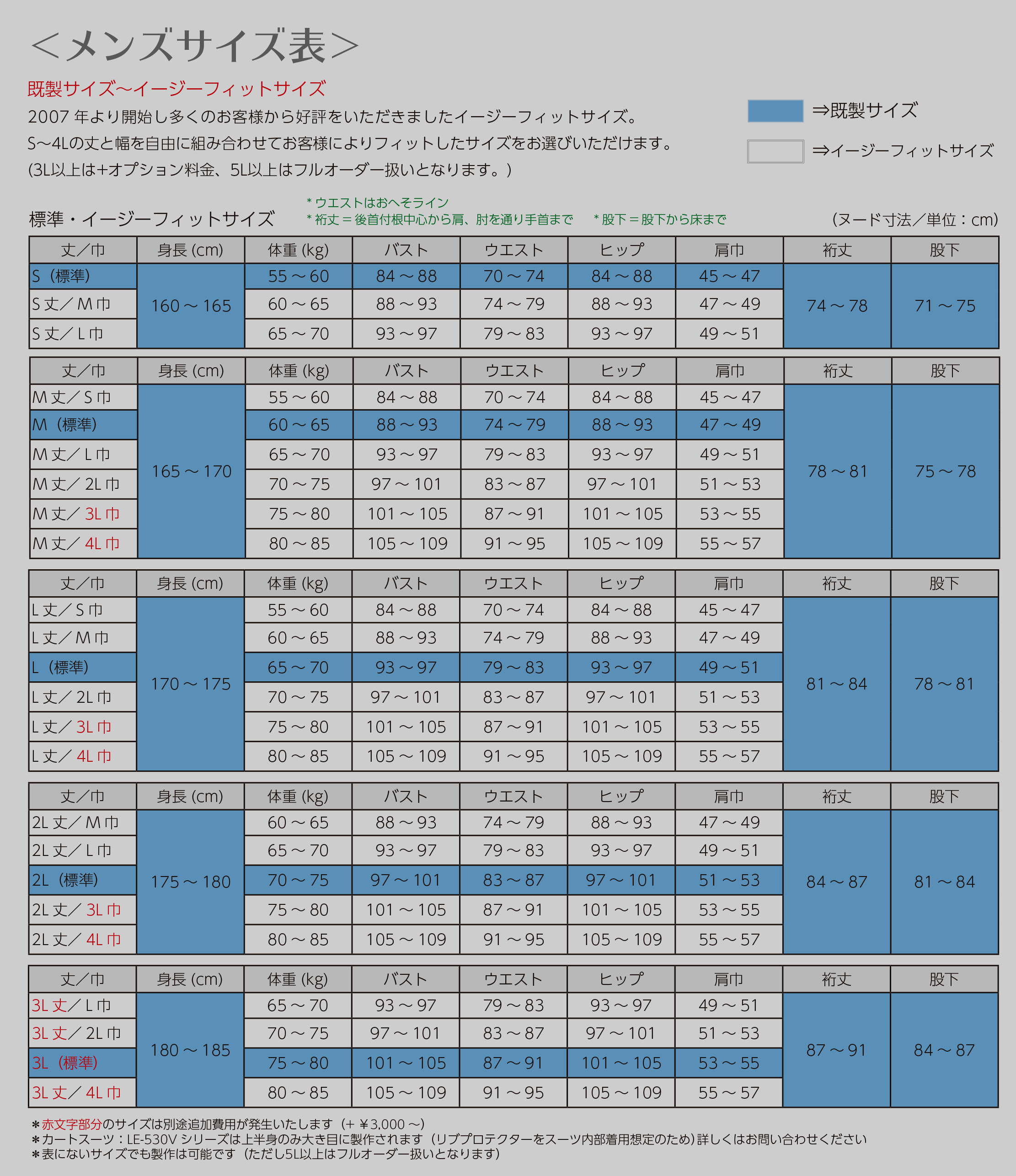レーシングスーツメンズサイズ表